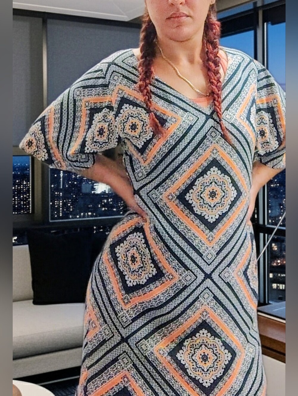 Banana Republic Navy and Orange Geometric V-Neck Shift Dress
